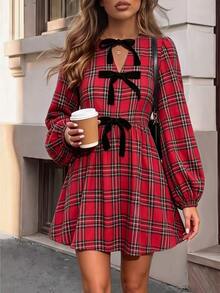 SHEIN PariChic Women's Minimalist Plaid Colorblock Dress - Red - View 2