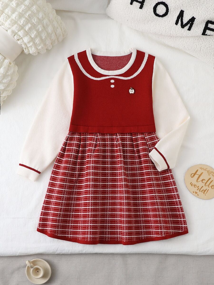 Souflis Gaun Sweater Anak Perempuan, Gaun Rajut Lengan Panjang Gaya Putri - Burgundy - View 1