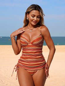 Swim Lushoire New Colorful Wavy Strap Swimwear, Sexy Drawstring Slimming Tankini Swimwear, Fashionable Vacation Style - Multicolor - View 4