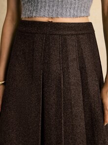 Poéselle Women's Vintage Solid Color Pleated A-Line Midi Skirt - Coffee Brown - View 5
