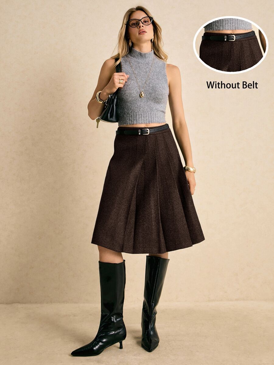 Poéselle Women's Vintage Solid Color Pleated A-Line Midi Skirt - Coffee Brown - View 1