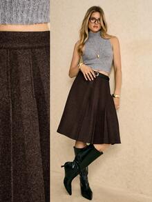 Poéselle Women's Vintage Solid Color Pleated A-Line Midi Skirt - Coffee Brown - View 2