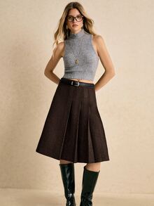 Poéselle Women's Vintage Solid Color Pleated A-Line Midi Skirt - Coffee Brown - View 6