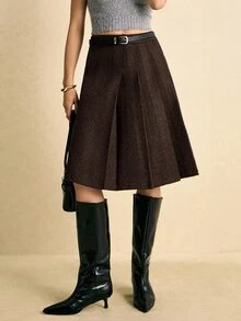 Poéselle Women's Vintage Solid Color Pleated A-Line Midi Skirt - Coffee Brown - View 7