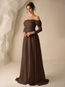Coutiva 長袖蕾絲顯瘦露肩婚禮晚宴禮服 棕色 秋季 正式優雅 - 棕色 - 查看 4