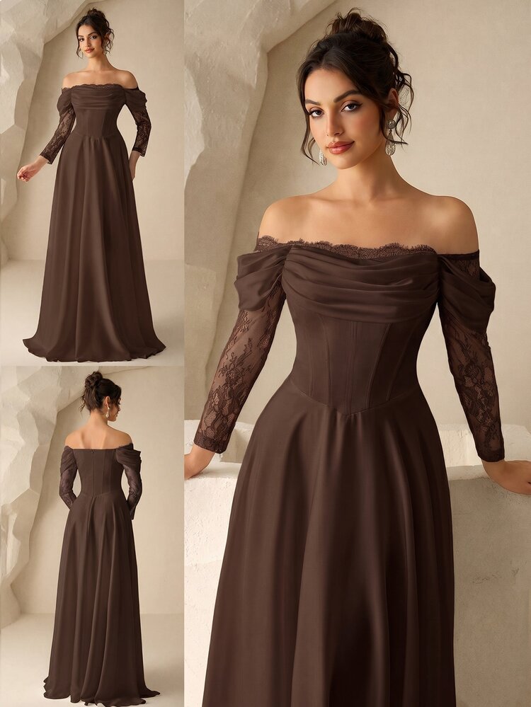 Coutiva Long Sleeve Lace Slimming Cold Shoulder Wedding Dinner Evening Dress Wedding Brown Fall Formal Elegant - Brown - View 8