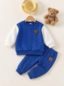 SHEIN Baby Boy Cartoon Bear Graphic Colorblock Plush Crew Neck Pullover Long Sleeve Sweatshirt, Versatile Casual, Suitable For Autumn/Winter - Blue - View 2