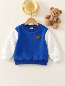 SHEIN Baby Boy Cartoon Bear Graphic Colorblock Plush Crew Neck Pullover Long Sleeve Sweatshirt, Versatile Casual, Suitable For Autumn/Winter - Blue - View 8
