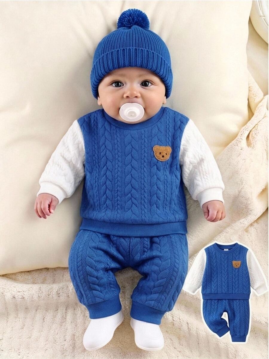 SHEIN Baby Boy Cartoon Bear Graphic Colorblock Plush Crew Neck Pullover Long Sleeve Sweatshirt, Versatile Casual, Suitable For Autumn/Winter - Blue - View 1