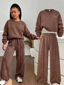 SHEIN Kids Tween Girl Knitted Solid Color Crew Neck Loose Casual Sweatshirt & Straight Leg Loose Pants 2 Pieces Set - Grey - View 2