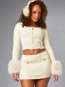BABYPHAT Ribbed Knit Bodycon Mini Skirt With Patch Pockets Gold Button Detail And Embroidery Low Rise Fitted Stretch Winter Party Skirt - Beige - View 4