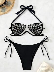 SHEIN Swim 女士性感露背系带菱形衬垫比基尼上衣，沙滩度假风 - 黑色 - 查看 2
