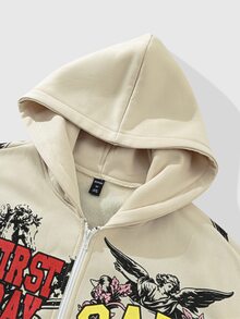 ROMWE MEN Street Life Men's Angel Print Loose Zip-Up Hoodie, Streetwear Vintage - Khaki - View 3