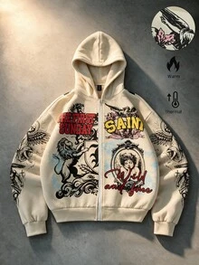 ROMWE MEN Street Life Men's Angel Print Loose Zip-Up Hoodie, Streetwear Vintage - Khaki - View 7