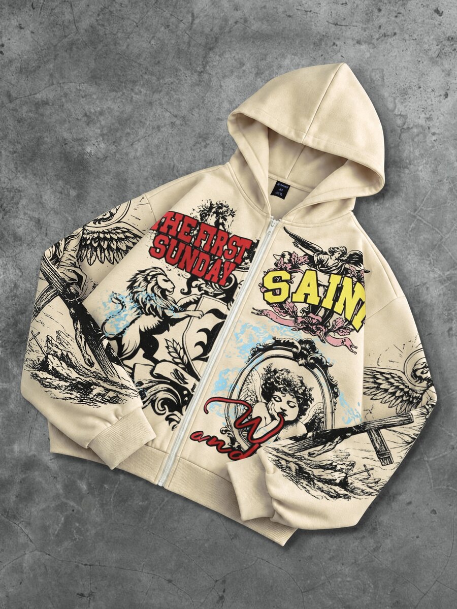 ROMWE MEN Street Life Men's Angel Print Loose Zip-Up Hoodie, Streetwear Vintage - Khaki - View 1