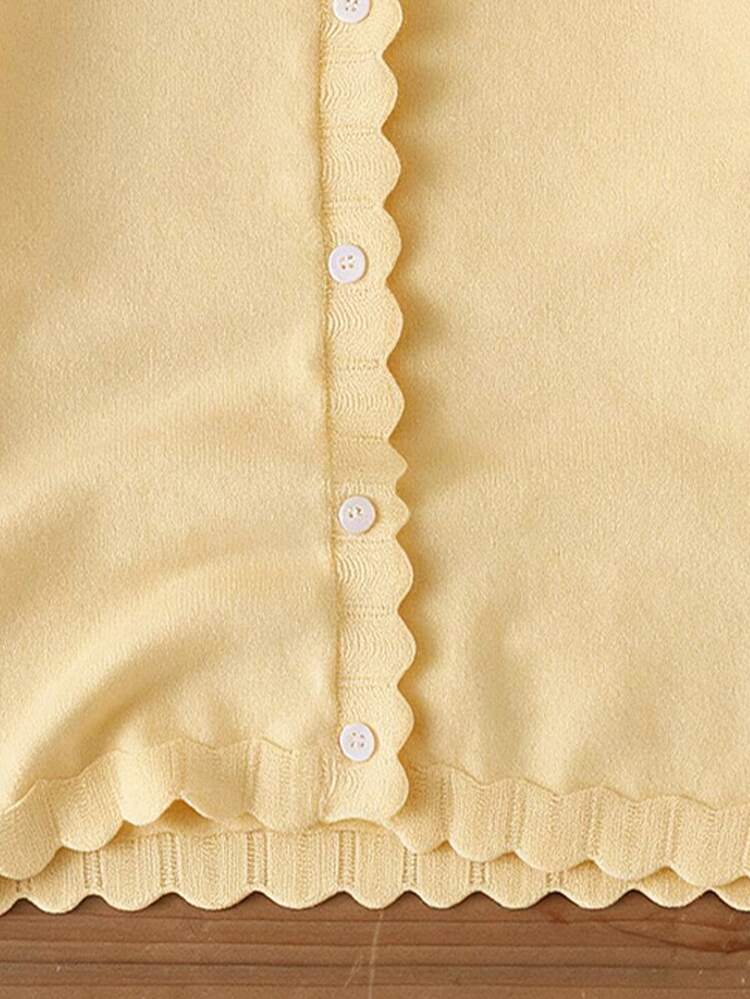 SHEIN Young Girl Cardigan Scalloped Round Neck Long Sleeve Solid Yellow Button Front - Yellow - View 4