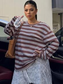 Muchica Plus Size Women Brown Round Neck Drop Shoulder Casual Streetwear Novelty T-Shirt Fall Vacation Beach Party - Multicolor - View 1