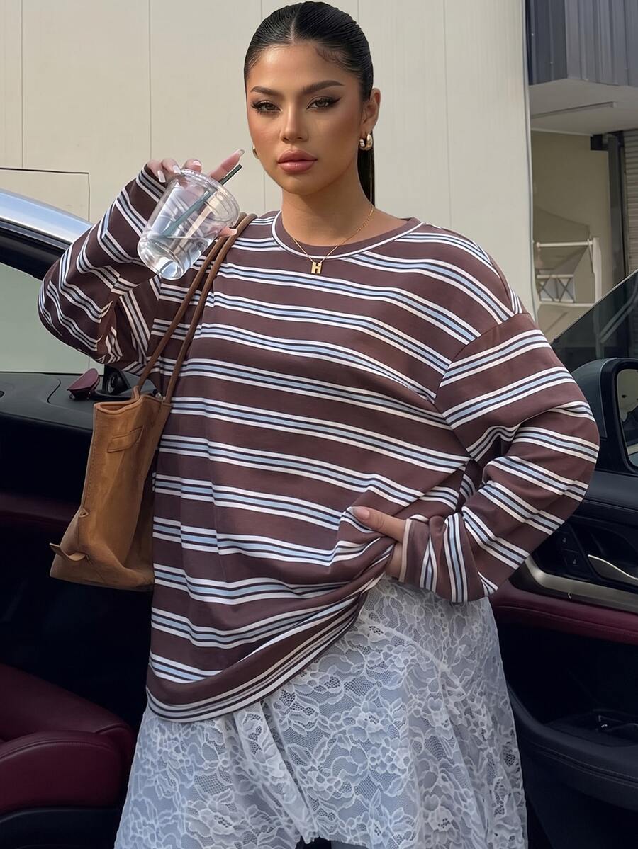 Muchica Plus Size Women Brown Round Neck Drop Shoulder Casual Streetwear Novelty T-Shirt Fall Vacation Beach Party - Multicolor - View 1