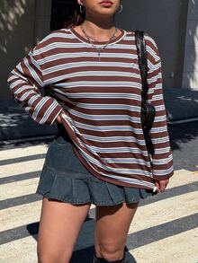 Muchica Plus Size Women Brown Round Neck Drop Shoulder Casual Streetwear Novelty T-Shirt Fall Vacation Beach Party - Multicolor - View 5