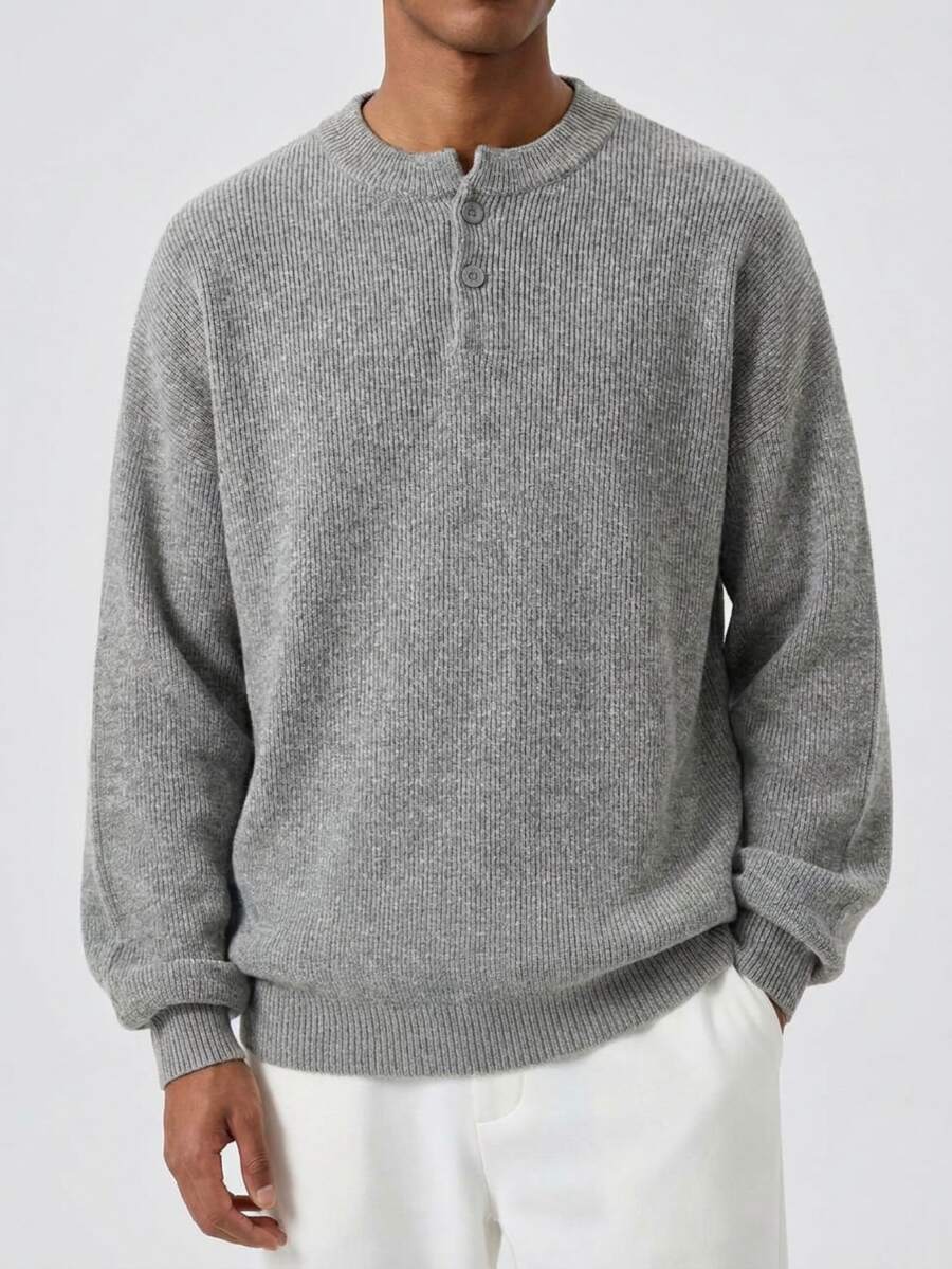 RONVEXI Sweater Lengan Panjang Pria Minimalis Bergaris dengan Kancing Setengah Plaket - Grey - View 1