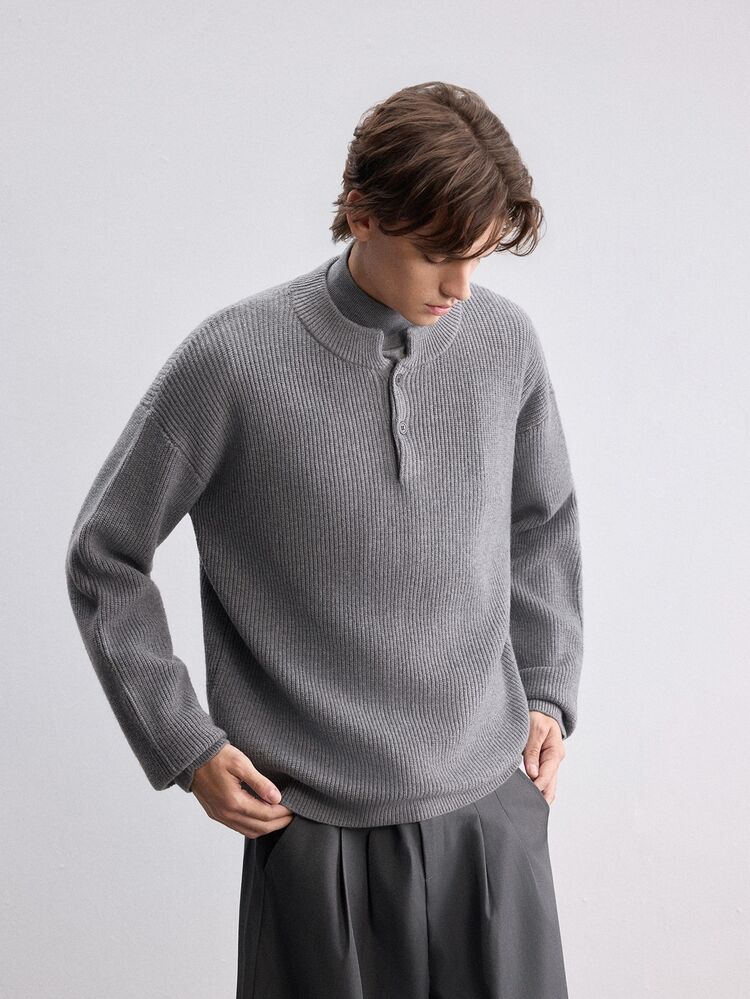 RONVEXI Men's Ribbed Minimalist Button Half-Placket Long Sleeve Sweater - Grey - View 3
