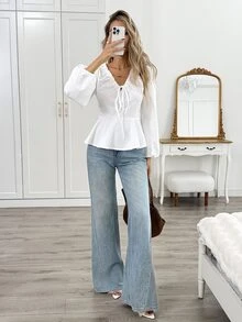 Easowa Women's Long Sleeve Ruffle Trim Blouse, Autumn/Winter - White - View 6