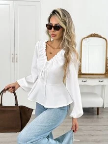 Easowa Women's Long Sleeve Ruffle Trim Blouse, Autumn/Winter - White - View 3