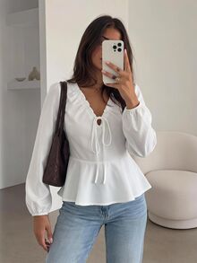 Easowa Women's Long Sleeve Ruffle Trim Blouse, Autumn/Winter - White - View 1