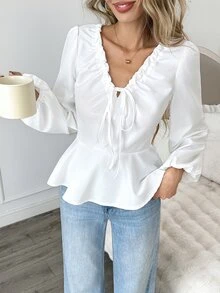 Easowa Women's Long Sleeve Ruffle Trim Blouse, Autumn/Winter - White - View 2