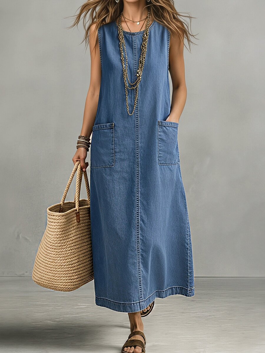 LUMIGAL Women's Round Neck Sleeveless Pocket Design Casual Boho Denim Dress Vacation Blue Autumn - Blue - View 1