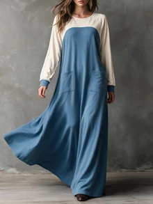 Omancia Women's Autumn/Winter Casual Home Wear Round Neck Loose Fit Color Block Design Long Sleeve Dress For Daily Relaxed Home Style - Blue and White - View 3