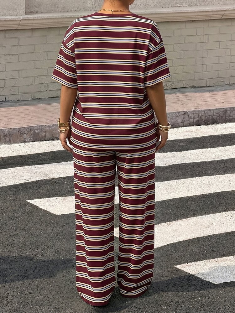 Muchica Plus Size Burgundy Striped Print Round Neck Short Sleeve Top And Pants Casual 1960s 90s 2-Piece Set Brunch Formal Vacation Summer - Burgundy - View 2