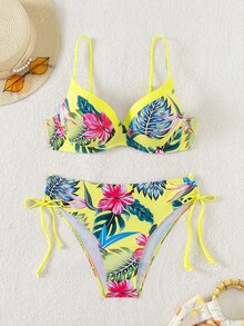 SHEIN Swim Swim Suits For Women Summer Beach Tropical Print V-Neck Spaghetti Strap Bikini Set - Multicolor - View 5