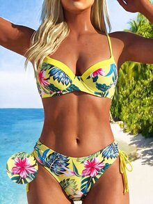 SHEIN Swim Swim Suits For Women Summer Beach Tropical Print V-Neck Spaghetti Strap Bikini Set - Multicolor - View 9