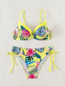 SHEIN Swim Swim Suits For Women Summer Beach Tropical Print V-Neck Spaghetti Strap Bikini Set - Multicolor - View 8