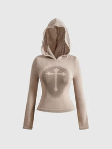 ACID BLVD Sweater Hoodie Wanita Motif Salib Semprot Kasual Gaya Jalanan Grunge Musim Gugur Musim Dingin Musim Semi - Aprikot - View 2