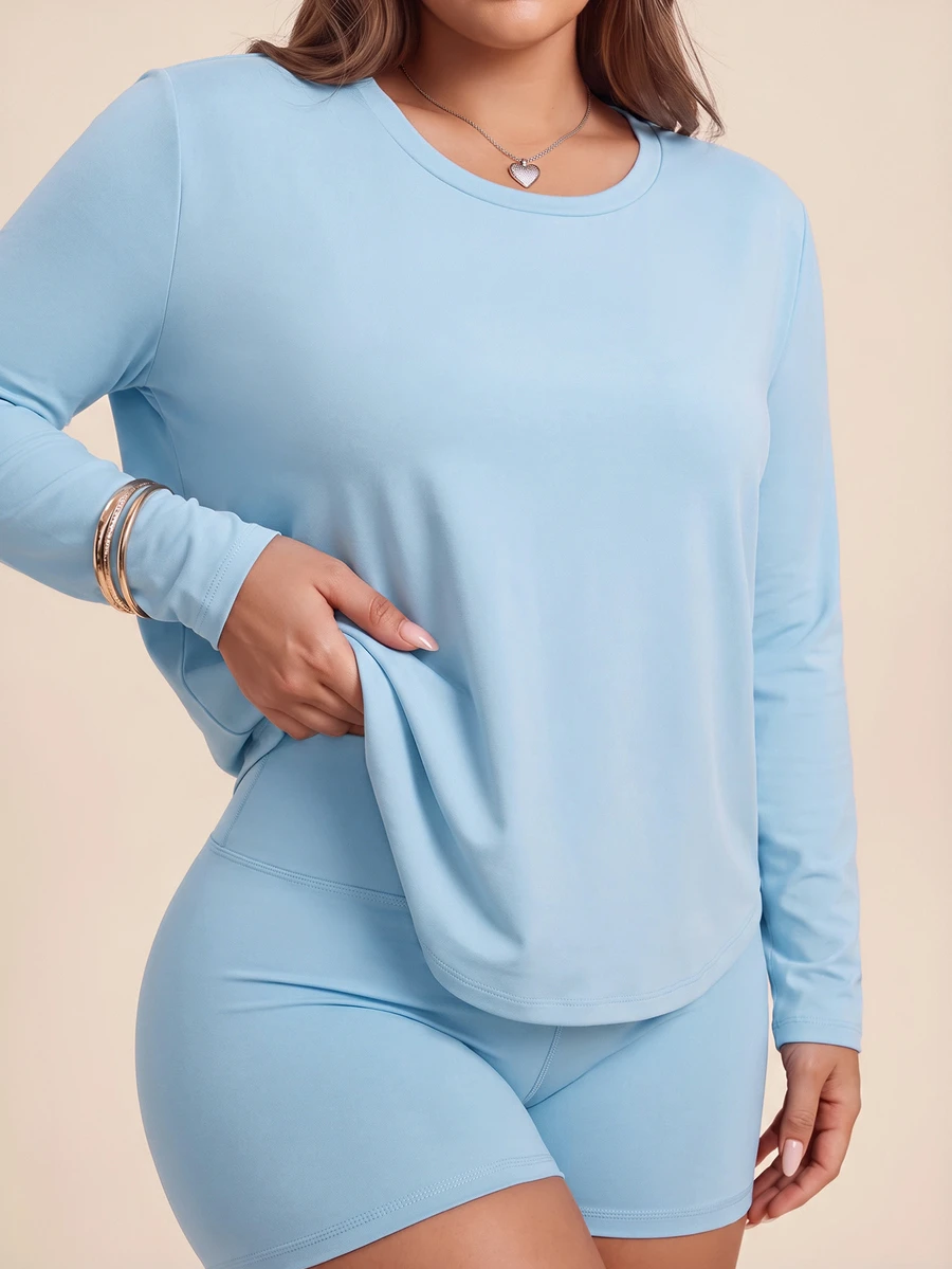 Rhythm Era Women's Plus Size Solid Color Round Neck Long Sleeve Casual Fitness Sports T-Shirt Fall - Blue - View 1