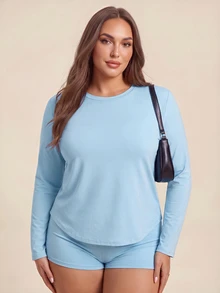 Rhythm Era Women's Plus Size Solid Color Round Neck Long Sleeve Casual Fitness Sports T-Shirt Fall - Blue - View 4