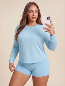 Rhythm Era Women's Plus Size Solid Color Round Neck Long Sleeve Casual Fitness Sports T-Shirt Fall - Blue - View 3