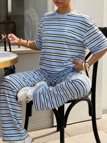 Muchica 大尺碼藍白條紋印花圓領上衣與寬鬆長褲兩件套 旅行居家服 度假夏季休閒街頭風可愛風 - 藍色 - 查看 3