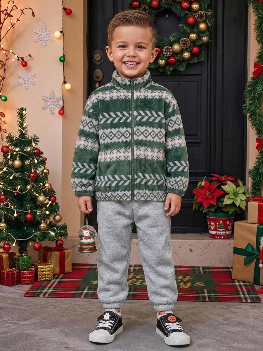 SHEIN 2pcs Kids Young Boy Casual Daily Versatile Comfortable Plush Thick Jacket & Sweatpants Set, Suitable For Christmas, Gift - Multicolor - View 1