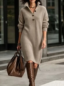 SHEIN LUNE CURVE Plus Size Women Solid Color Dropped Shoulder Long Sleeve Half-Button Front Casual Knit Dress - Camel - View 5