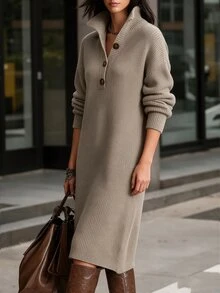SHEIN LUNE CURVE Plus Size Women Solid Color Dropped Shoulder Long Sleeve Half-Button Front Casual Knit Dress - Camel - View 3