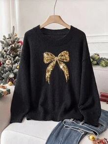 SHEIN Clasi Plus Size Women's Sequin Bow Long Sleeve Casual Fairy Pullover Sweater Party Formal Black And Gold Autumn Christmas - Black - View 1