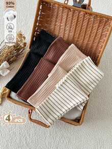 SHEIN Vintaside Kids 4件組女嬰基礎款多色緊身褲，黑色、棕色、卡其色、條紋圖案，適合學校、日常穿著、外出及各種場合 - 彩色 - 查看 4
