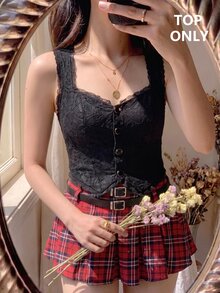 SHEIN MOD 蕾絲甜心領單排扣背心外套，萬聖節之夜黑色花卉夏季哥德風 - 黑色 - 查看 7