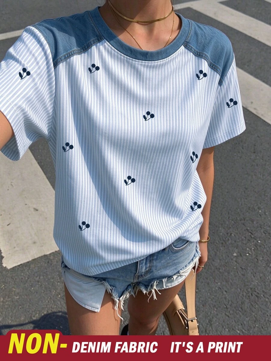 Resyla Women's Cherry Stripe Print Round Neck Short Sleeve Casual T-Shirt - Multicolor - View 1