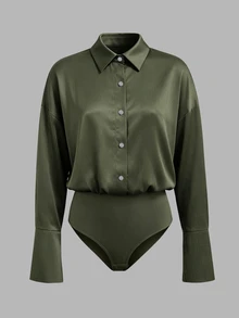 Cévolie Vintage Army Green Semi-Sheer Satin Textured Fabric Collared Bodysuit Women Drape Textured Long Sleeve Button-Down Commuter Style Bodysuit - Green - View 4