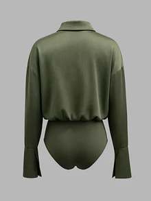 Cévolie Vintage Army Green Semi-Sheer Satin Textured Fabric Collared Bodysuit Women Drape Textured Long Sleeve Button-Down Commuter Style Bodysuit - Green - View 2