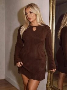 Auralis Sexy Elegant Hollow Round Neck Bell Sleeve Slim Fit Waist Cinched Gentle Flattering Long Sleeve Knit Dress Night Party Evening Brown Autumn Dress - Brown - View 4
